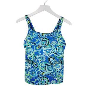 Lands' End Blue Green Paisley Shelf Bra Tankini - Size 2